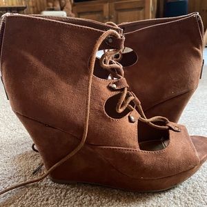 Brown Suede Lace Up Wedge Sandals